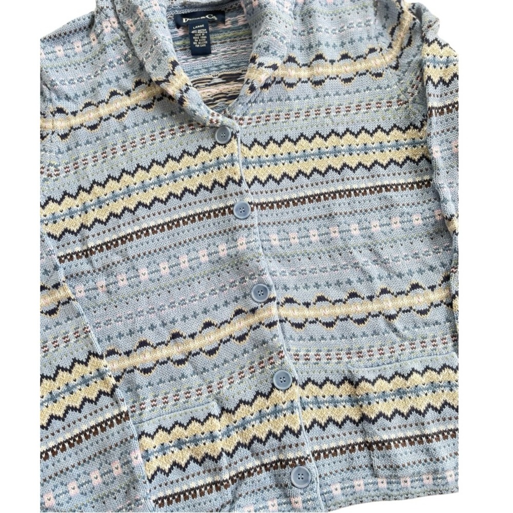 Denim & Co. Light Blue Multicolor Fair Isle Shawl Collar Knit Cardigan Sweater L - Picture 5 of 7